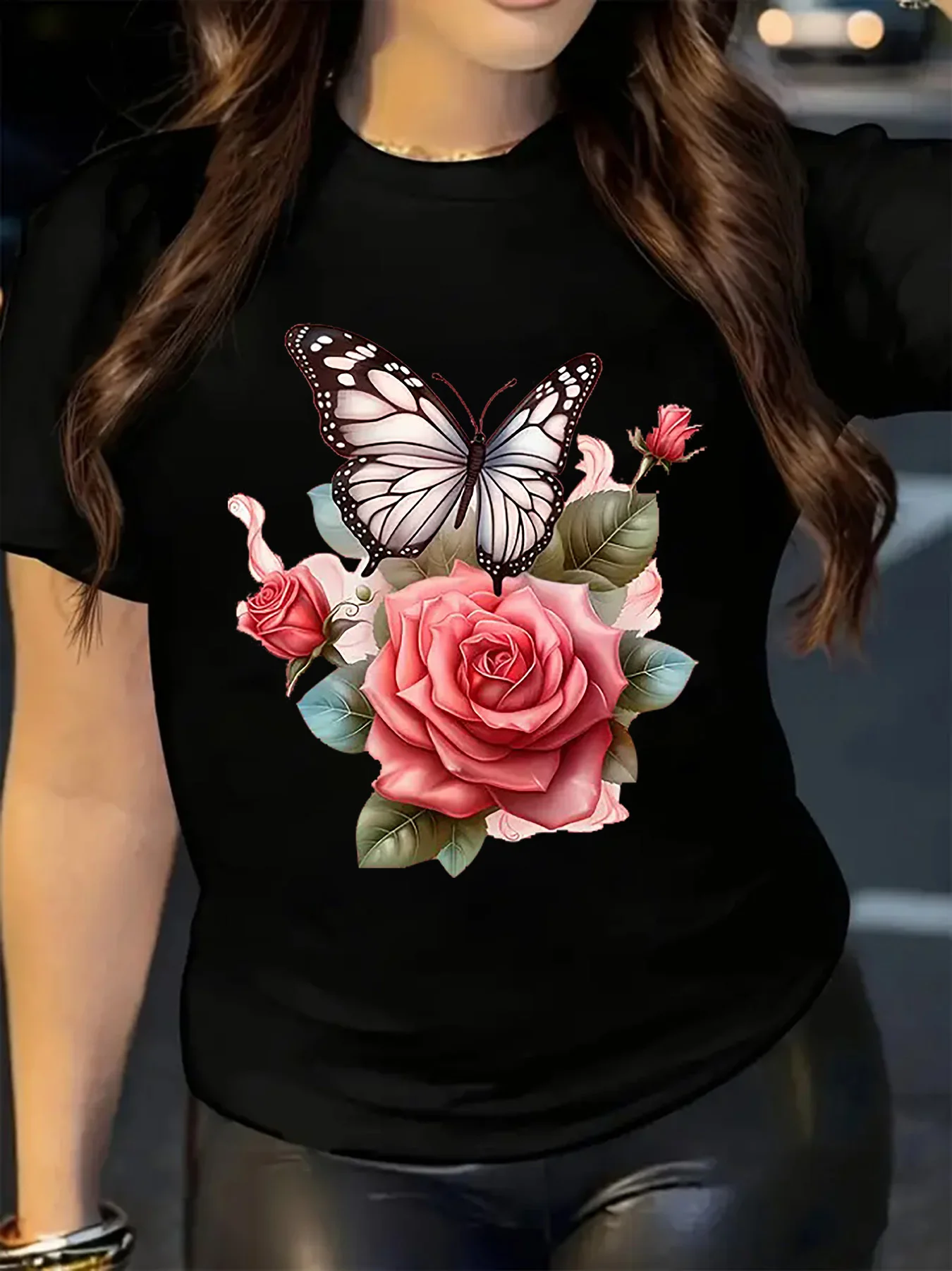 Butterfly Rose Print Women's T-Shirt Casual Round Neck Short Sleeve Tee for Summer Women Daily Casual Tops Clothing
Butterfly Rose Print Women's T-Shirt Casual Round Neck Short Sleeve Tee for Summer Women Daily Casual Tops Clothing