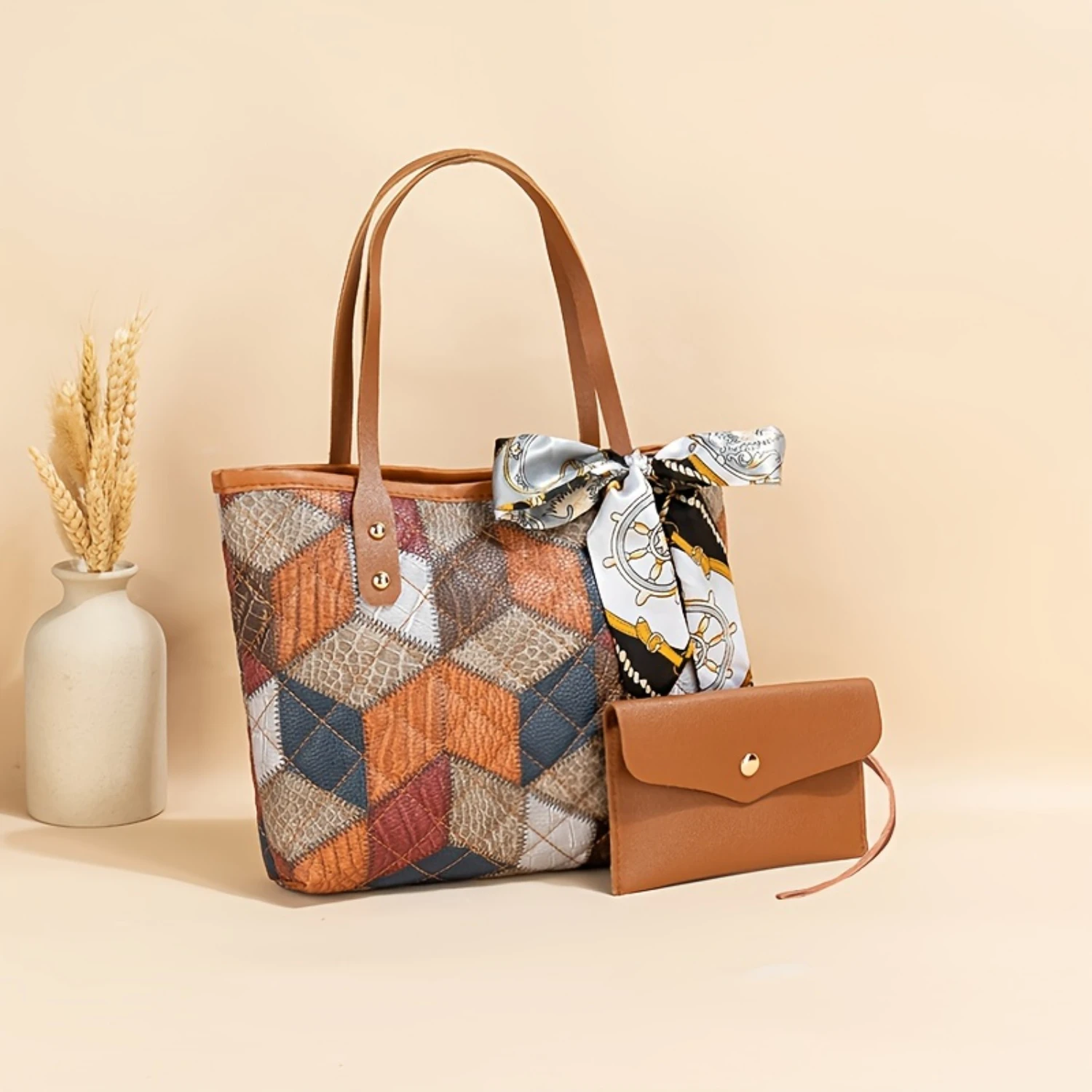 Geometric Quilted Tote Bag Set with Scarf Accent - PU Leather, Large Capacity Shoulder Bag & Matching Clutch - Stylish Handbag f
Geometric Quilted Tote Bag Set with Scarf Accent - PU Leather, Large Capacity Shoulder Bag & Matching Clutch - Stylish Handbag f