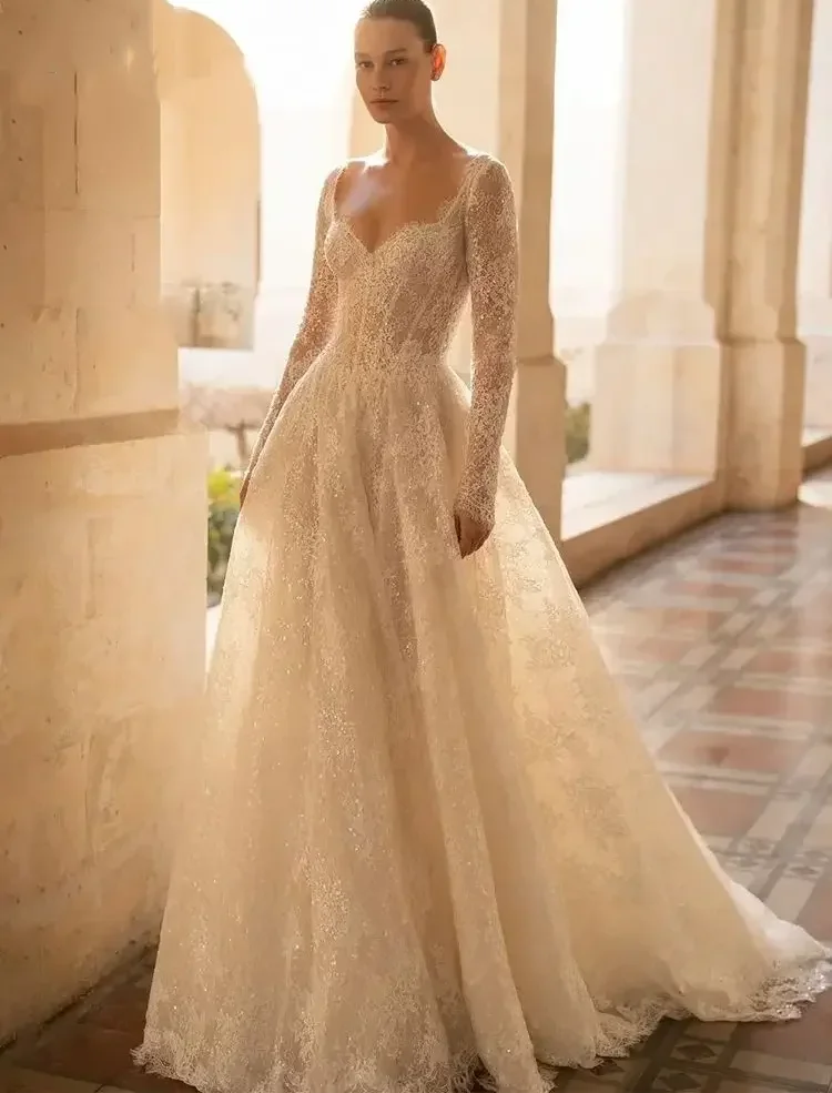 Vintage Lace Wedding Dress 2026 Sweetheart A-Line Long Sleeves Sequined Princess Birde Bridal Gowns Vestido De Novia
Vintage Lace Wedding Dress 2026 Sweetheart A-Line Long Sleeves Sequined Princess Birde Bridal Gowns Vestido De Novia