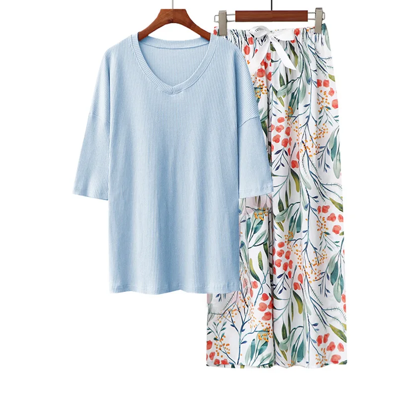Summer women's pajamas sets Modal short sleeve Tshirts and wide leg pants Hot Casual homewear 2pcs suit lady's sleepwear
Summer women's pajamas sets Modal short sleeve Tshirts and wide leg pants Hot Casual homewear 2pcs suit lady's sleepwear