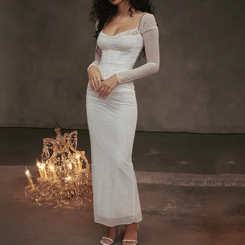 Women's Sexy Slim Backless Split Long Dresses New Square Collar Long Sleeve Lace Dress White Summers Sling Dresses YWFD001
Women's Sexy Slim Backless Split Long Dresses New Square Collar Long Sleeve Lace Dress White Summers Sling Dresses YWFD001