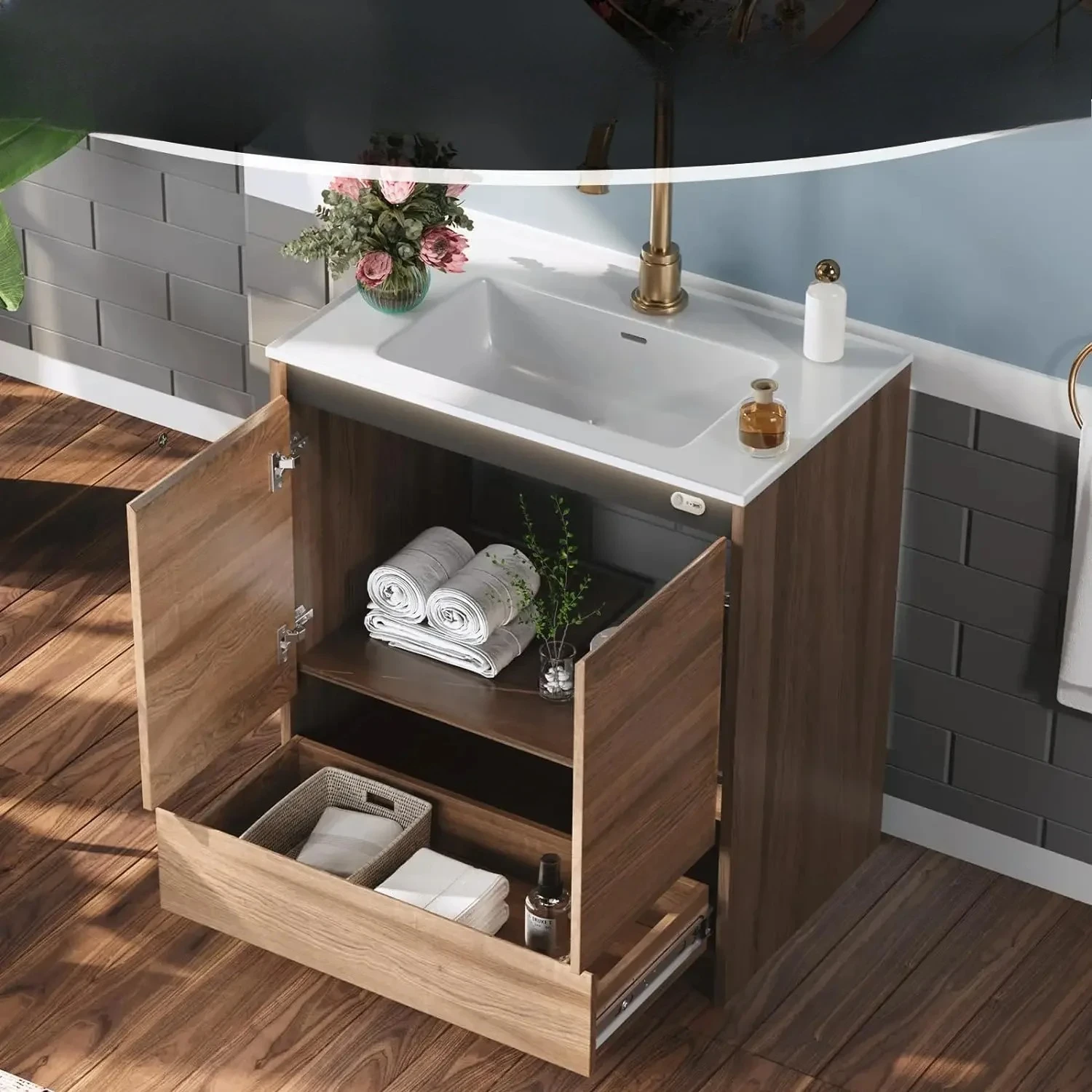 For LED Lights Bathroom Vanity with Sink Combo, Motion Sensor Lights Mid-Century Modern Small Single Bathroom Cabinet Set,
For LED Lights Bathroom Vanity with Sink Combo, Motion Sensor Lights Mid-Century Modern Small Single Bathroom Cabinet Set,