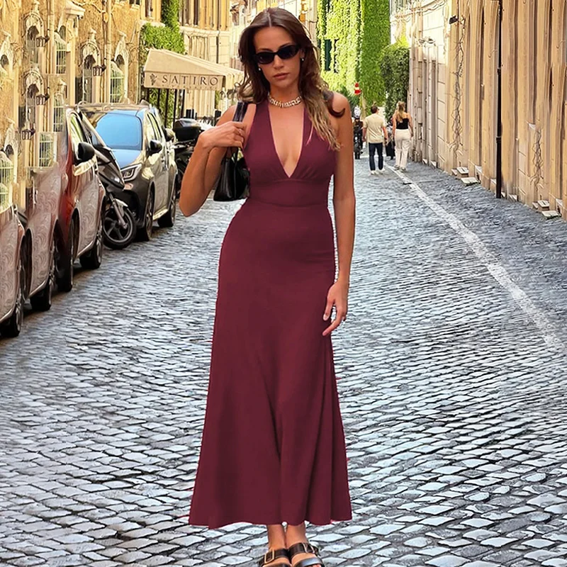 Ticketsx Summer Halter V-Neck Ruched Backless Dress Elegant Solid Lace Up High Waist Maxi Dress Female Evening Festive Vestidos
Ticketsx Summer Halter V-Neck Ruched Backless Dress Elegant Solid Lace Up High Waist Maxi Dress Female Evening Festive Vestidos