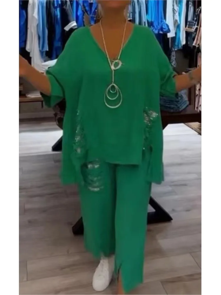 Fashion Sequin Solid Loose Women's Two Piece Sets Casual V Neck Short Sleeve Oversize Top + Pants Outfit Lady Summer Pocket Suit
Fashion Sequin Solid Loose Women's Two Piece Sets Casual V Neck Short Sleeve Oversize Top + Pants Outfit Lady Summer Pocket Suit