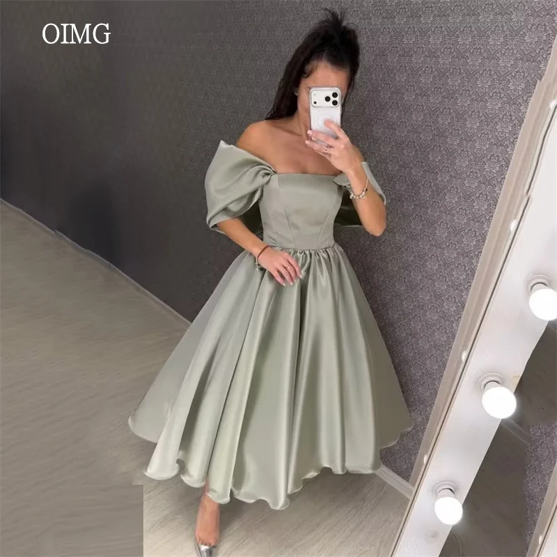 OIMG Classic Sage Green Off The Shoulder A Line Prom Gowns Satin Party Gown Tea Length Evening Dress فساتين سهرة Customizeds
OIMG Classic Sage Green Off The Shoulder A Line Prom Gowns Satin Party Gown Tea Length Evening Dress فساتين سهرة Customizeds