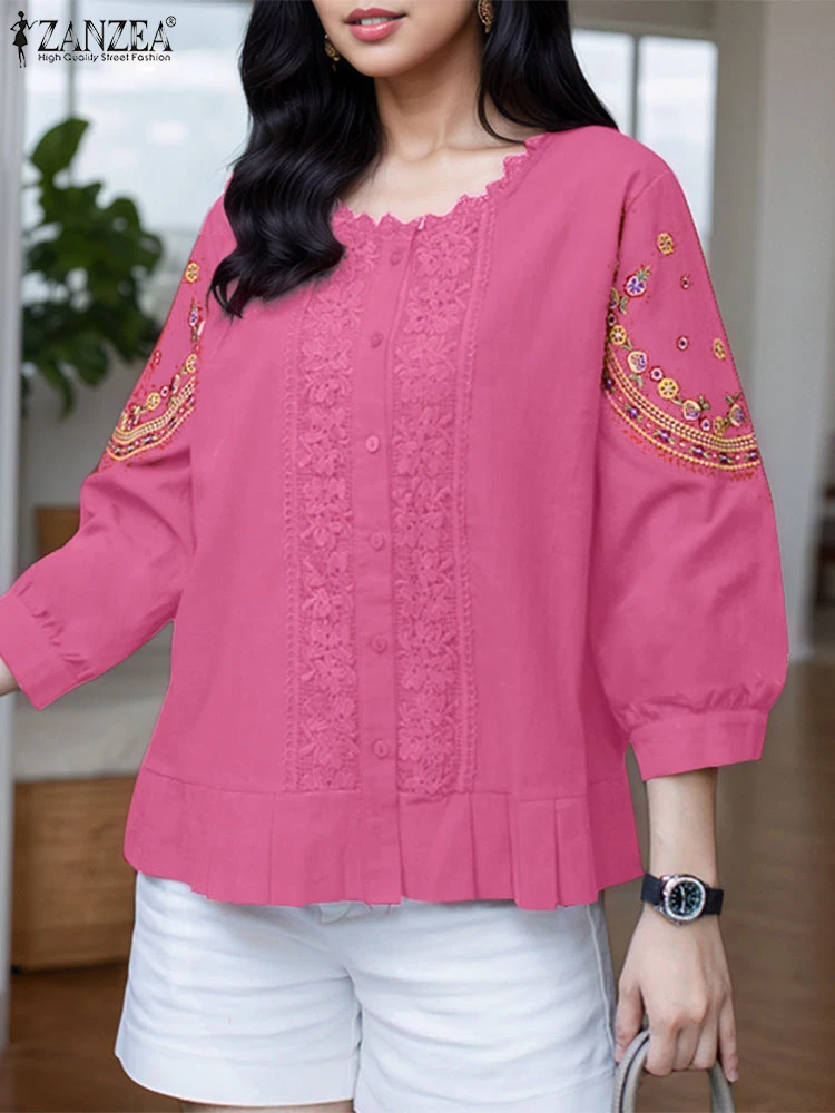 2025 ZANZEA Fashion Vintage Embroidery Tops Women 3/4 Sleeve Summer Blouse Round Neck Lace Shirts Casual Loose Blusas Femininas
2025 ZANZEA Fashion Vintage Embroidery Tops Women 3/4 Sleeve Summer Blouse Round Neck Lace Shirts Casual Loose Blusas Femininas