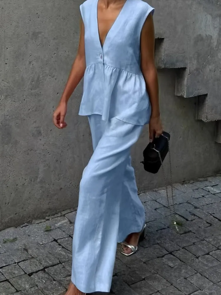 Fashion Office Set Lady Casual Solid V Neck Sleeveless Button Top High Waist Wide Leg Pants 2 Piece Sets For Women Summer New
Fashion Office Set Lady Casual Solid V Neck Sleeveless Button Top High Waist Wide Leg Pants 2 Piece Sets For Women Summer New
