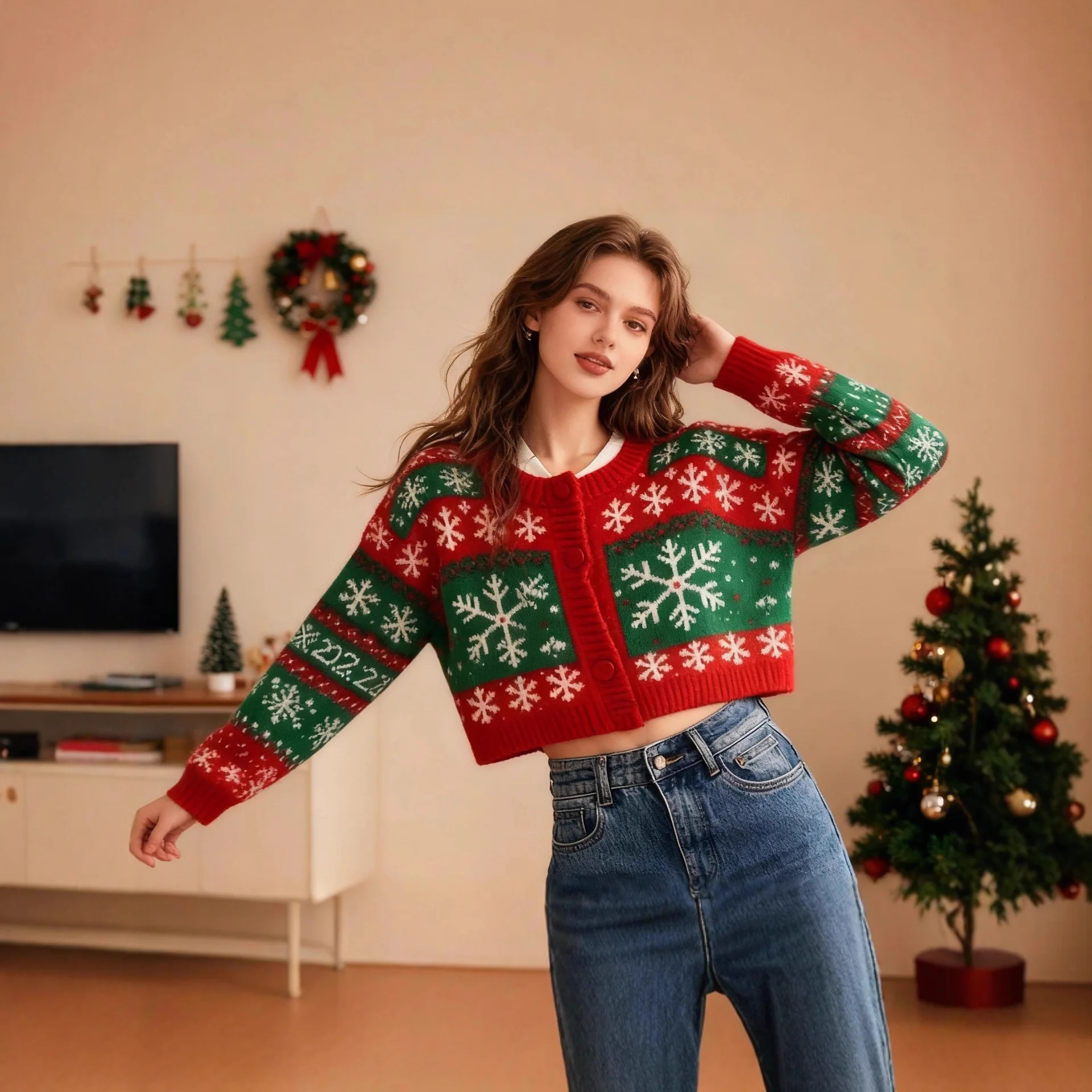 2025 New Arrival Christmas Sweater Round Neck Long Sleeve Short Cardigan Snowflake Single-Breasted Button-Up Red Green Knitwear
2025 New Arrival Christmas Sweater Round Neck Long Sleeve Short Cardigan Snowflake Single-Breasted Button-Up Red Green Knitwear