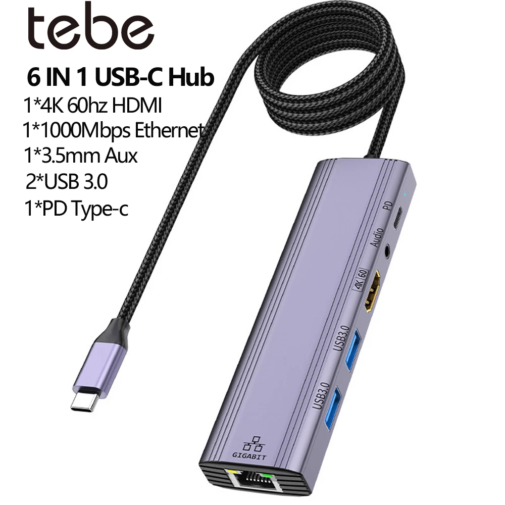 Tebe 6 IN 1 USB-C Hub Type-c to Gigabit RJ45 Ethernet 4K 60hz HDMI-adapter 3.5mm Audio 2-Port USB 3.0 Splitter for Notebook Pad
Tebe 6 IN 1 USB-C Hub Type-c to Gigabit RJ45 Ethernet 4K 60hz HDMI-adapter 3.5mm Audio 2-Port USB 3.0 Splitter for Notebook Pad