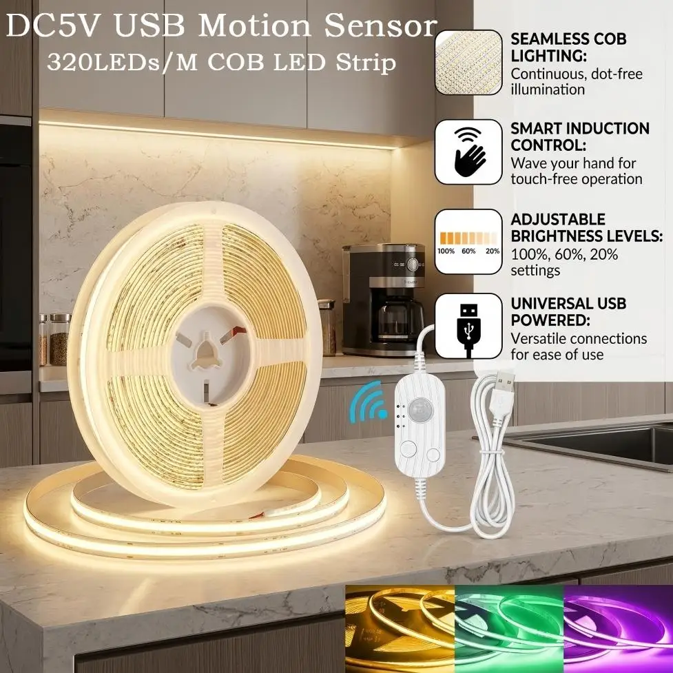 DC5V USB Motion Sensor 8mm COB LED Strip 3 Modes Dimmable Induction Night Light for Bedroom TV Backlight Kitchen Cupboard Decor
DC5V USB Motion Sensor 8mm COB LED Strip 3 Modes Dimmable Induction Night Light for Bedroom TV Backlight Kitchen Cupboard Decor