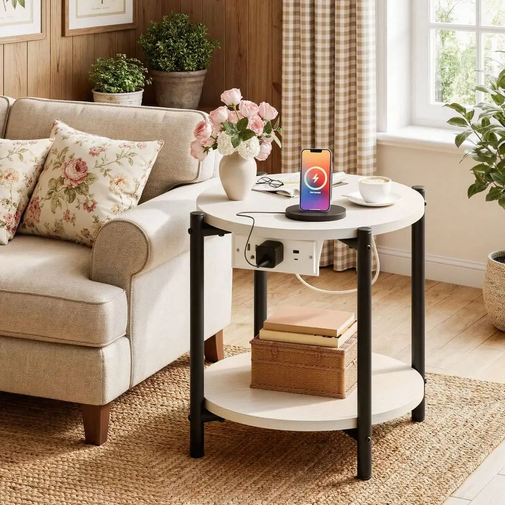 Side Table, 16 Inches Wide, Small Round Side Table With Charging Station, DoubleLayer Modern Bedside Table, Suitable For Small
Side Table, 16 Inches Wide, Small Round Side Table With Charging Station, DoubleLayer Modern Bedside Table, Suitable For Small