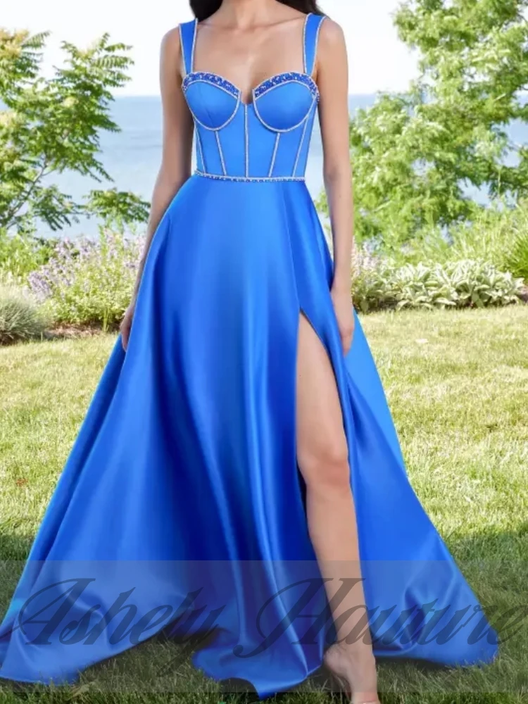 Customized Blue Formal Evening Dress Crystal Satin A Line High Split Party Special Occasion Wear Women Wedding Guest Dress 2025
Customized Blue Formal Evening Dress Crystal Satin A Line High Split Party Special Occasion Wear Women Wedding Guest Dress 2025