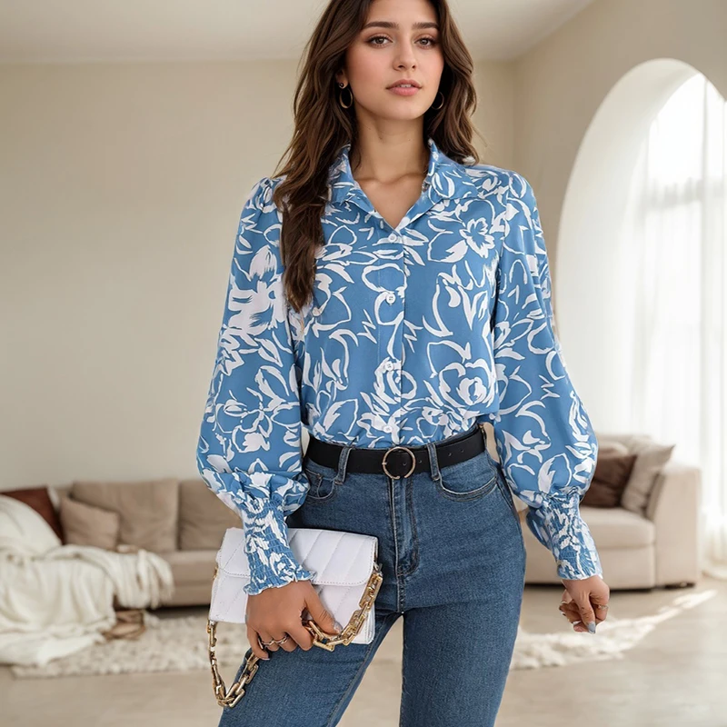 Commuting Style Women's Blouse Elegant Color Contrast Flower Lantern Sleeves Flip Collar Shirt Fashion Long Sleeve Button Shirt
Commuting Style Women's Blouse Elegant Color Contrast Flower Lantern Sleeves Flip Collar Shirt Fashion Long Sleeve Button Shirt