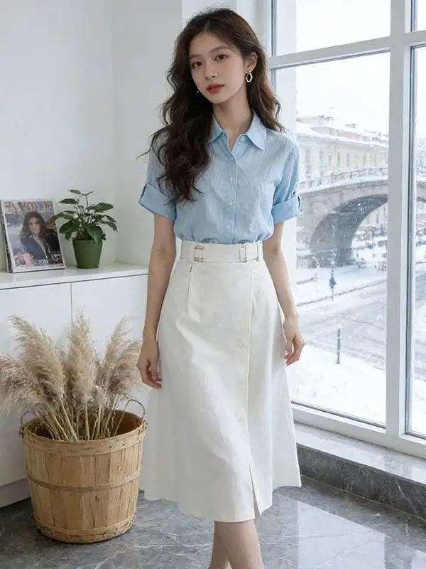 Chic White Cotton Linen Shirt Skirt Set Women's Fashionable Ageless Beautiful Street Style Small Size Summer Outfit
Chic White Cotton Linen Shirt Skirt Set Women's Fashionable Ageless Beautiful Street Style Small Size Summer Outfit