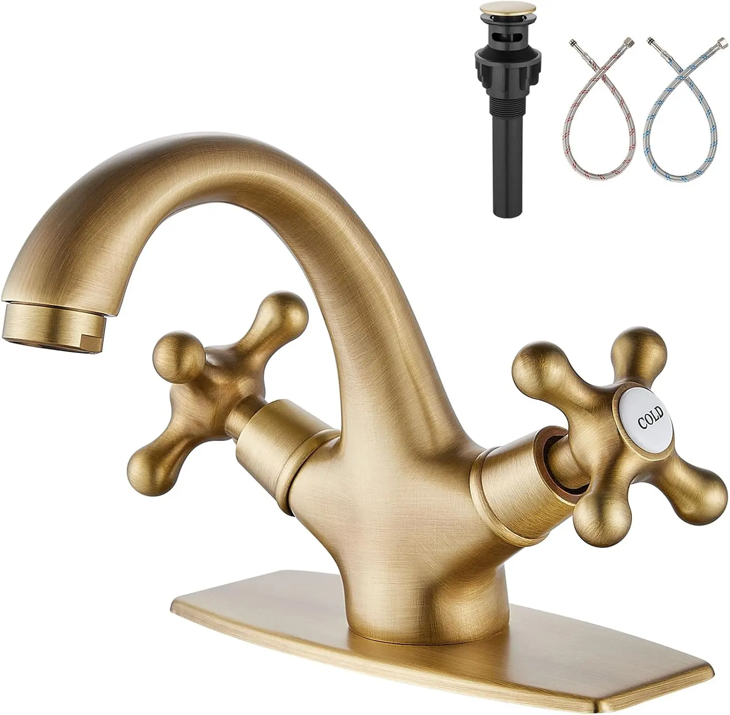 Antique Brass Single Hole Bathroom Sink Faucet with Hot/Cold Handles, Pop-Up Drain & Deck Plate
Antique Brass Single Hole Bathroom Sink Faucet with Hot/Cold Handles, Pop-Up Drain & Deck Plate