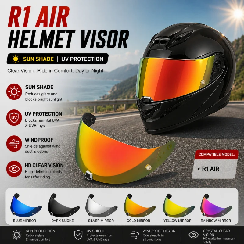 R1 Air Helmet Visor for T520/ST1400, HD Clear Day & Night Lens, UV Protection Sunshade, Anti-Glare Windproof Shield
R1 Air Helmet Visor for T520/ST1400, HD Clear Day & Night Lens, UV Protection Sunshade, Anti-Glare Windproof Shield