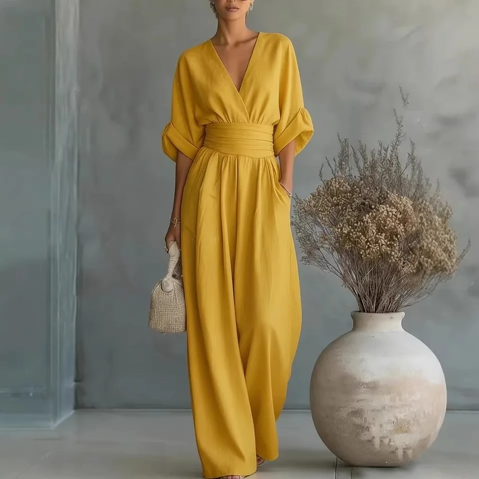 Elegant V-Neck Women's One-Piece Suit Waist-Cinching Summer Fashion 2026 Straight Leg Long Pants Polyester Fabric
Elegant V-Neck Women's One-Piece Suit Waist-Cinching Summer Fashion 2026 Straight Leg Long Pants Polyester Fabric