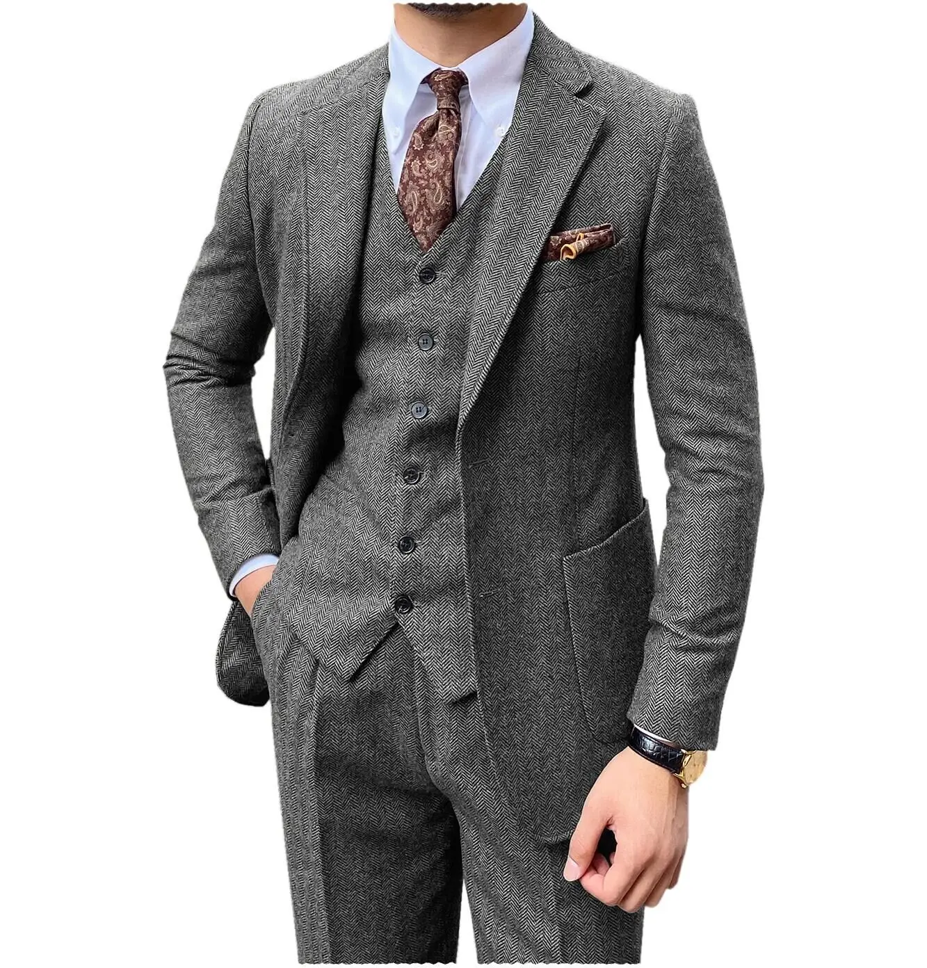 Gray/Brown Retro Tweed Herringbone 3-Piece Men's Slim Fit Single-Breasted Dress Suit Jacket Vest Pants Set for Prom Groom Tuxedo
Gray/Brown Retro Tweed Herringbone 3-Piece Men's Slim Fit Single-Breasted Dress Suit Jacket Vest Pants Set for Prom Groom Tuxedo