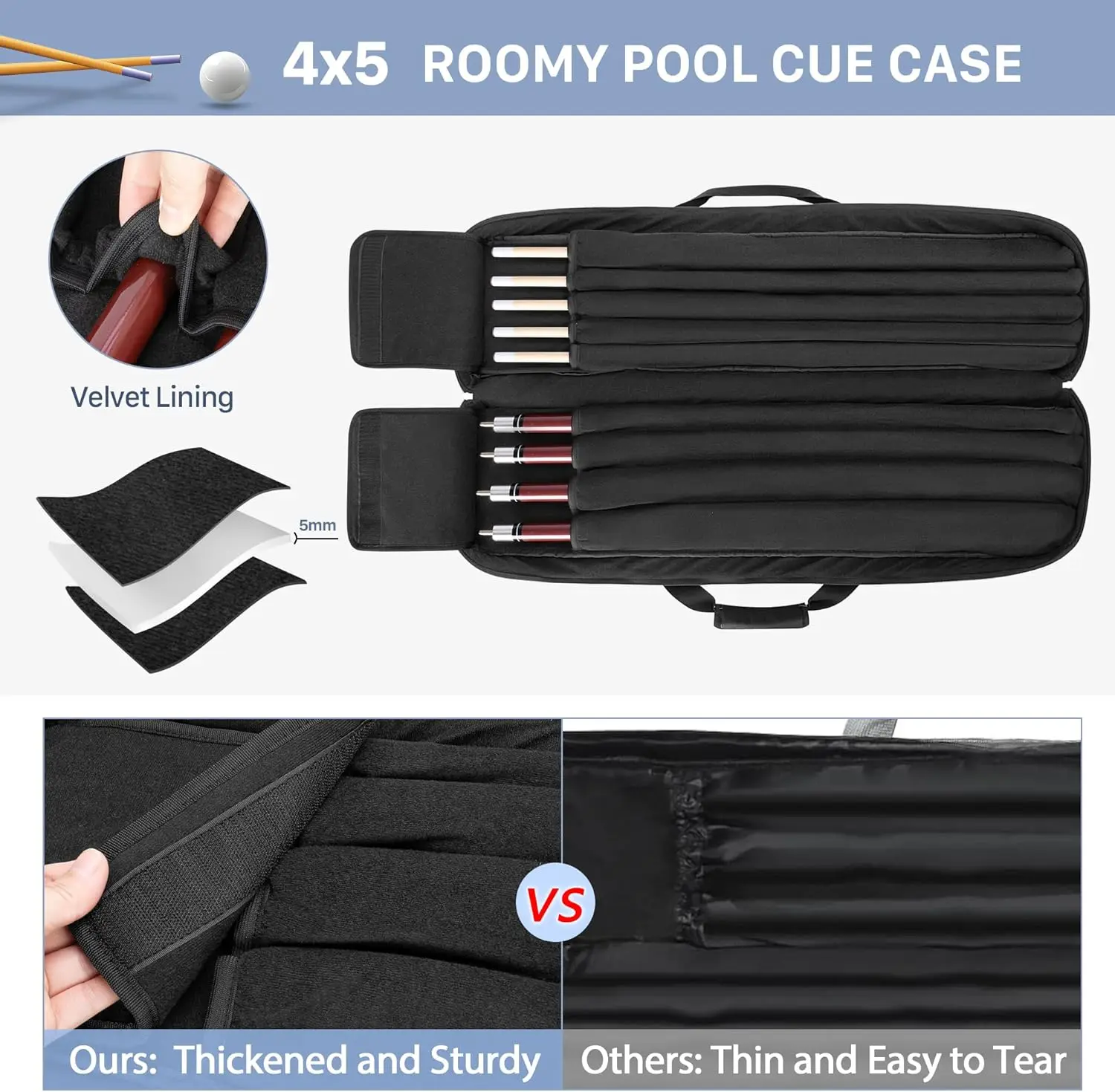 4x5 Pool Cue Case, Billiard Stick Carrying Case Holds 4 Butts and 5 Shafts, Soft Pool Stick Bag with Large Front
4x5 Pool Cue Case, Billiard Stick Carrying Case Holds 4 Butts and 5 Shafts, Soft Pool Stick Bag with Large Front