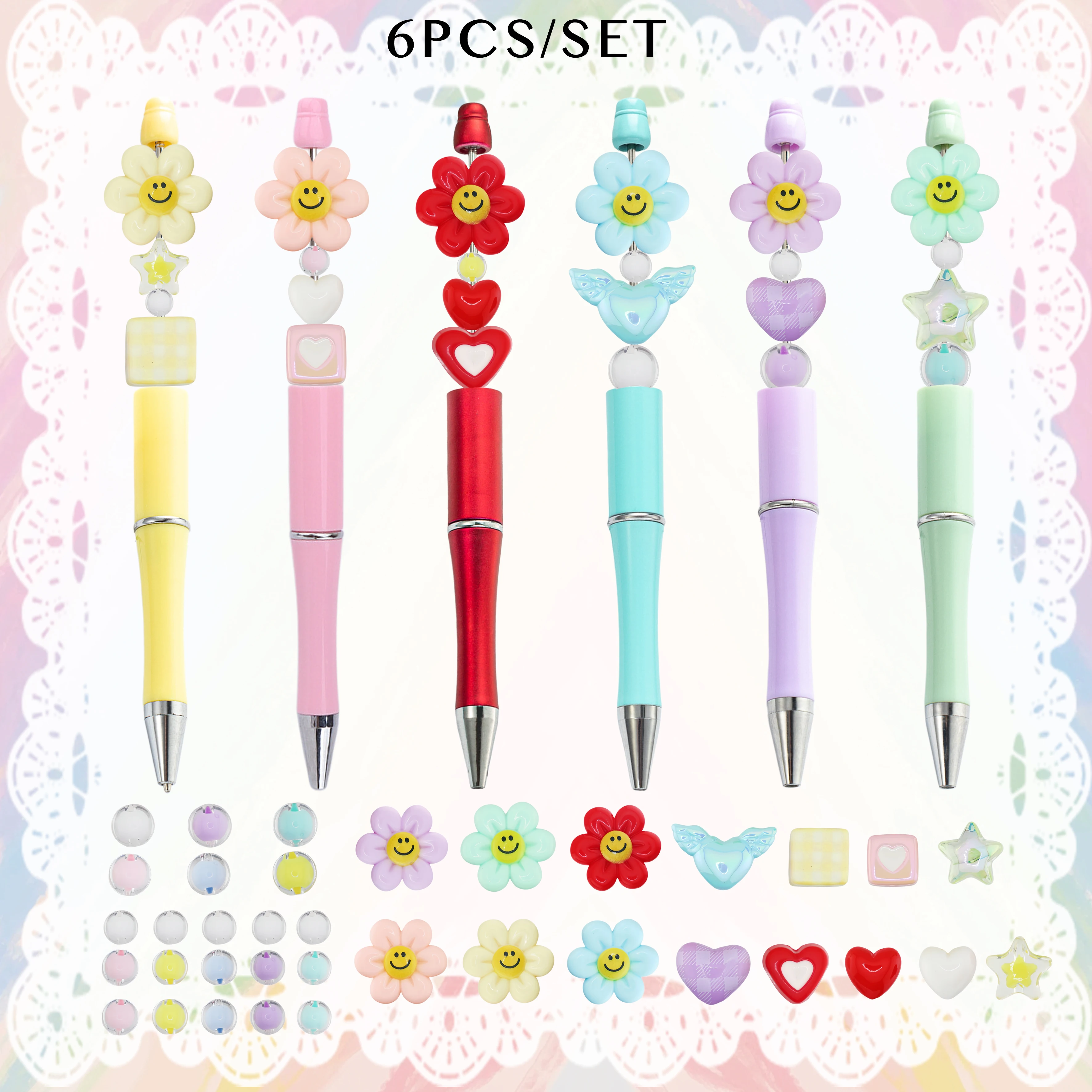 6PCS New Cute Ins Fresh Wind Flower Smile DIY Beaded Ballpoint Pen Bead Material Set, Great Learning and Office Supplies Gift
6PCS New Cute Ins Fresh Wind Flower Smile DIY Beaded Ballpoint Pen Bead Material Set, Great Learning and Office Supplies Gift