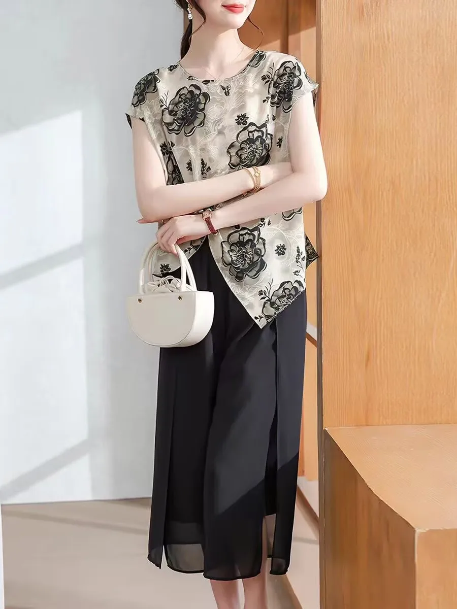 New 2026 Summer Mommy Elegant T-Shirt Set with Chiffon Top And Wide Leg Pants for Middle-Aged Women Fashionable And Stylish
New 2026 Summer Mommy Elegant T-Shirt Set with Chiffon Top And Wide Leg Pants for Middle-Aged Women Fashionable And Stylish