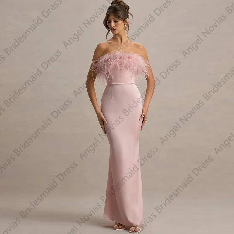 Long Sheath Pink Spandex Satin Bridesmaid Dresses with Feather Wedding Party Dress Vestido Madrinha Casamento Customized
Long Sheath Pink Spandex Satin Bridesmaid Dresses with Feather Wedding Party Dress Vestido Madrinha Casamento Customized