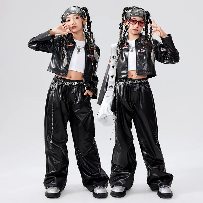 Kid Cool Hip Hop Clothing Black Faux Leather Jacket Crop Top Casual Pleated Wide Pants for Girls Jazz Dance Wear Costume Clothes
Kid Cool Hip Hop Clothing Black Faux Leather Jacket Crop Top Casual Pleated Wide Pants for Girls Jazz Dance Wear Costume Clothes