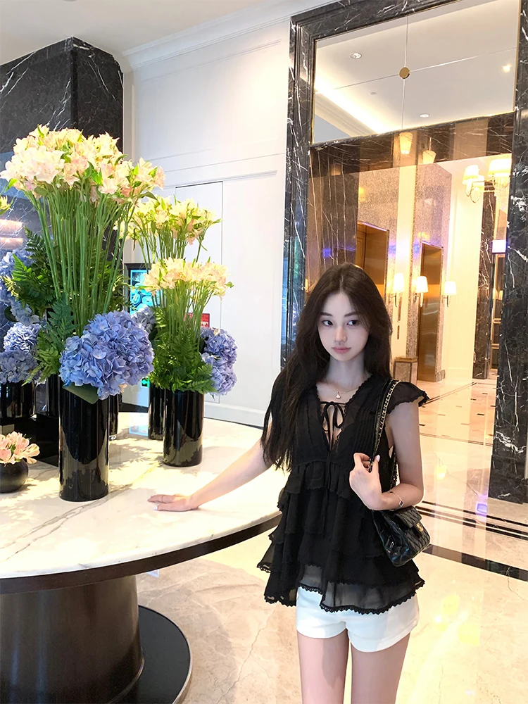 OKMAOP Bla V-Ne Chiffon Top Women's Slim Fit Svel High-End Sensual Pure Desire Spring Summer Chiffon irt
OKMAOP Bla V-Ne Chiffon Top Women's Slim Fit Svel High-End Sensual Pure Desire Spring Summer Chiffon irt