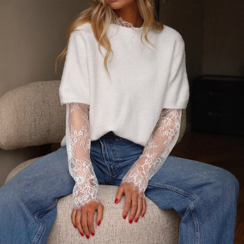 Shiying Lace Patchwork Sweater, Women's Versatile Pullover, Long Sleeved Knitted Sweater Top Women's New Style 
Shiying Lace Patchwork Sweater, Women's Versatile Pullover, Long Sleeved Knitted Sweater Top Women's New Style