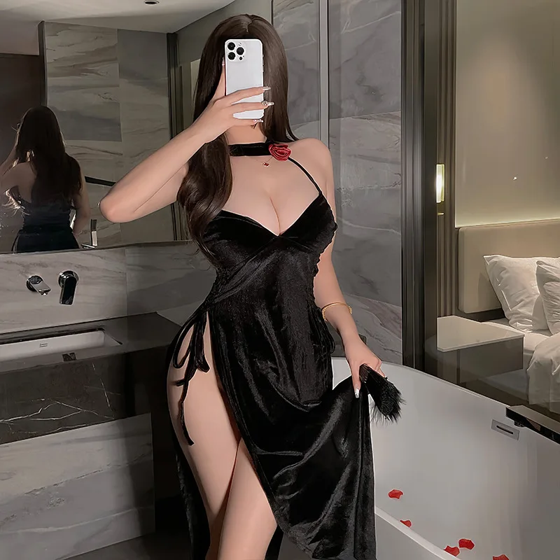 Sexy Dark Theme Velvet Gown with Neck Hanging High Slit Belted Sleepwear for plus Size - Alluring Lingerie Nightgown for Women
Sexy Dark Theme Velvet Gown with Neck Hanging High Slit Belted Sleepwear for plus Size - Alluring Lingerie Nightgown for Women
