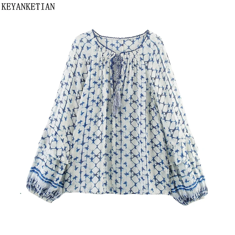 KEYANKETIAN Spring/Autumn New Holiday wind Tassel Lace Up O-Neck Print Shirt Pullover Women's Lantern Sleeve Loose Blouses Top
KEYANKETIAN Spring/Autumn New Holiday wind Tassel Lace Up O-Neck Print Shirt Pullover Women's Lantern Sleeve Loose Blouses Top