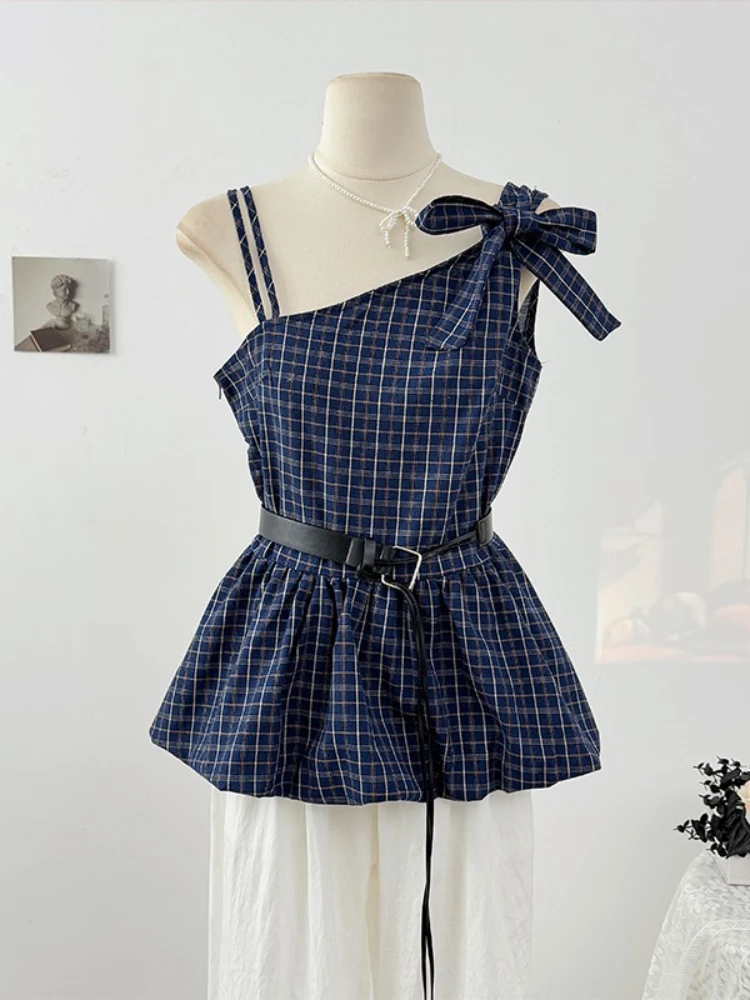 Korean Fashion Shirts Skew Collar Sleeveless Plaid Bow Ruffles Patchwork Design Blouses Summer Female Slim Women's Clothing 2025
Korean Fashion Shirts Skew Collar Sleeveless Plaid Bow Ruffles Patchwork Design Blouses Summer Female Slim Women's Clothing 2025