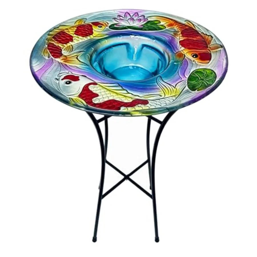 Outdoor bird bath with metal stand, glass bowl, koi design, easy-clean surface, 21 H for garden or yard use
Outdoor bird bath with metal stand, glass bowl, koi design, easy-clean surface, 21 H for garden or yard use