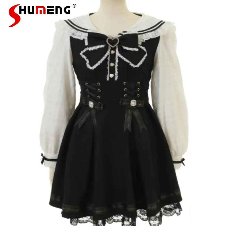 Japanese Mine Style Sweet Cute Sailor Neck Lace Splicing Long Sleeve Bow High Waist Lace-up Slim Fit Lolita Short Dress Women
Japanese Mine Style Sweet Cute Sailor Neck Lace Splicing Long Sleeve Bow High Waist Lace-up Slim Fit Lolita Short Dress Women