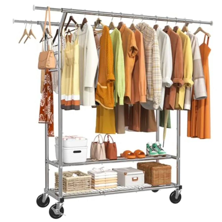 Heavy Duty Clothing Clothes Rack for Hanging, Rolling Double Rod Garment Rack Organizer with Wheels Load 620 LBS, Chrome
Heavy Duty Clothing Clothes Rack for Hanging, Rolling Double Rod Garment Rack Organizer with Wheels Load 620 LBS, Chrome