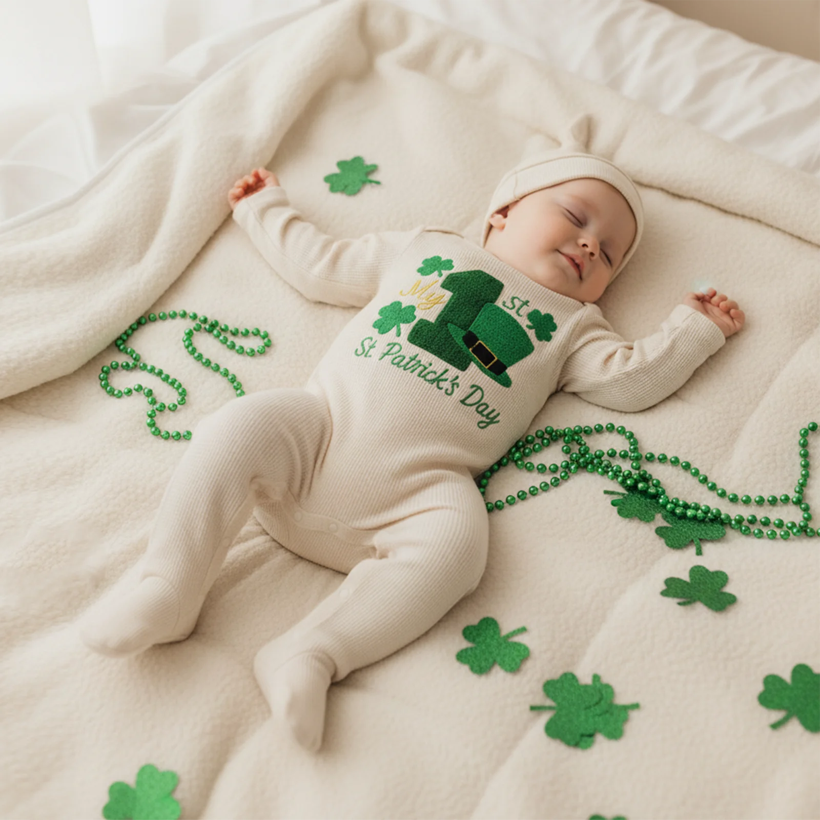 Blotona Newborn Baby Boy 1st St. Patrick's Day Footies Romper Letter Shamrock Embroidery Long Sleeve Footed Jumpsuit with Hat
Blotona Newborn Baby Boy 1st St. Patrick's Day Footies Romper Letter Shamrock Embroidery Long Sleeve Footed Jumpsuit with Hat