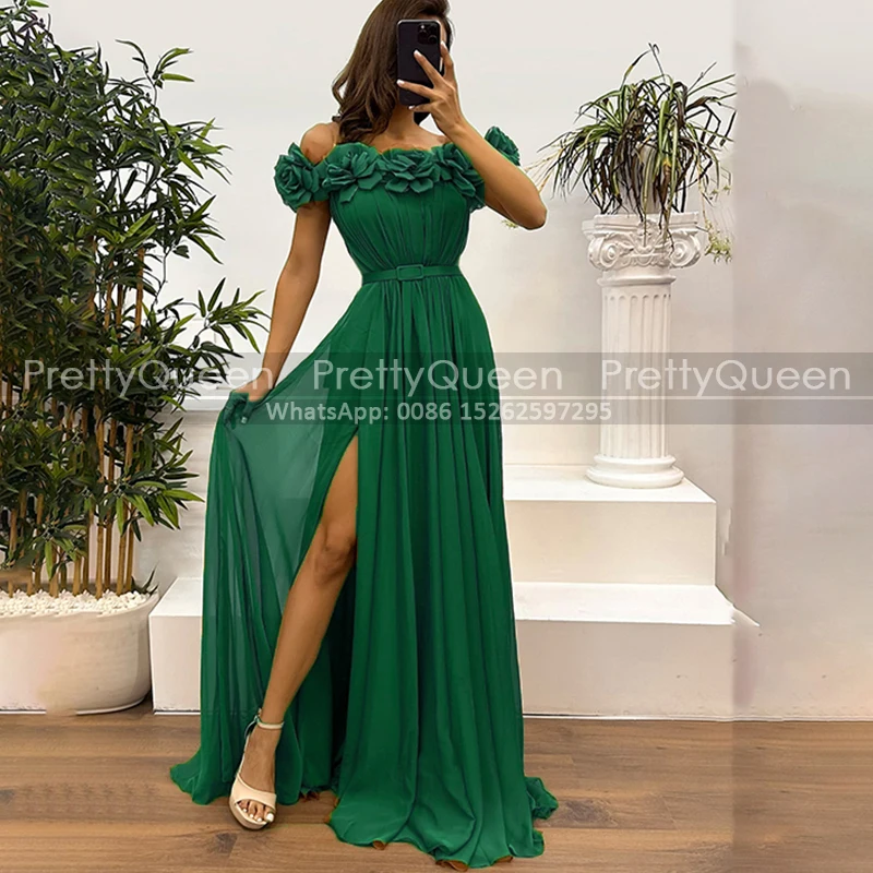 Customized Sexy High Slit A Line Prom Dresses Handmade Flowers Off Shoulder Long Green Chiffon Formal Party Dress For Women
Customized Sexy High Slit A Line Prom Dresses Handmade Flowers Off Shoulder Long Green Chiffon Formal Party Dress For Women