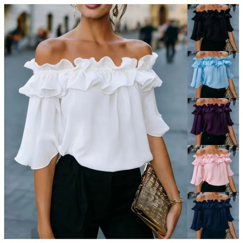 Women's Sexy Off Shoulder Ruffle Blouse New Chiffon Short Sleeve Casual Summer Tops Vintage Party Blue Shirt Top Women Clothing
Women's Sexy Off Shoulder Ruffle Blouse New Chiffon Short Sleeve Casual Summer Tops Vintage Party Blue Shirt Top Women Clothing