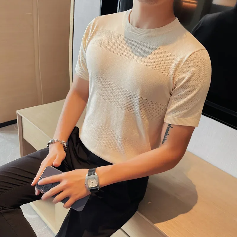 Summer Short Sleeve Ice Silk T-shirt Men's Trend Solid Color Hollow Out Knitted T-shirt Casual Business Tee Tops Men Clothing
Summer Short Sleeve Ice Silk T-shirt Men's Trend Solid Color Hollow Out Knitted T-shirt Casual Business Tee Tops Men Clothing