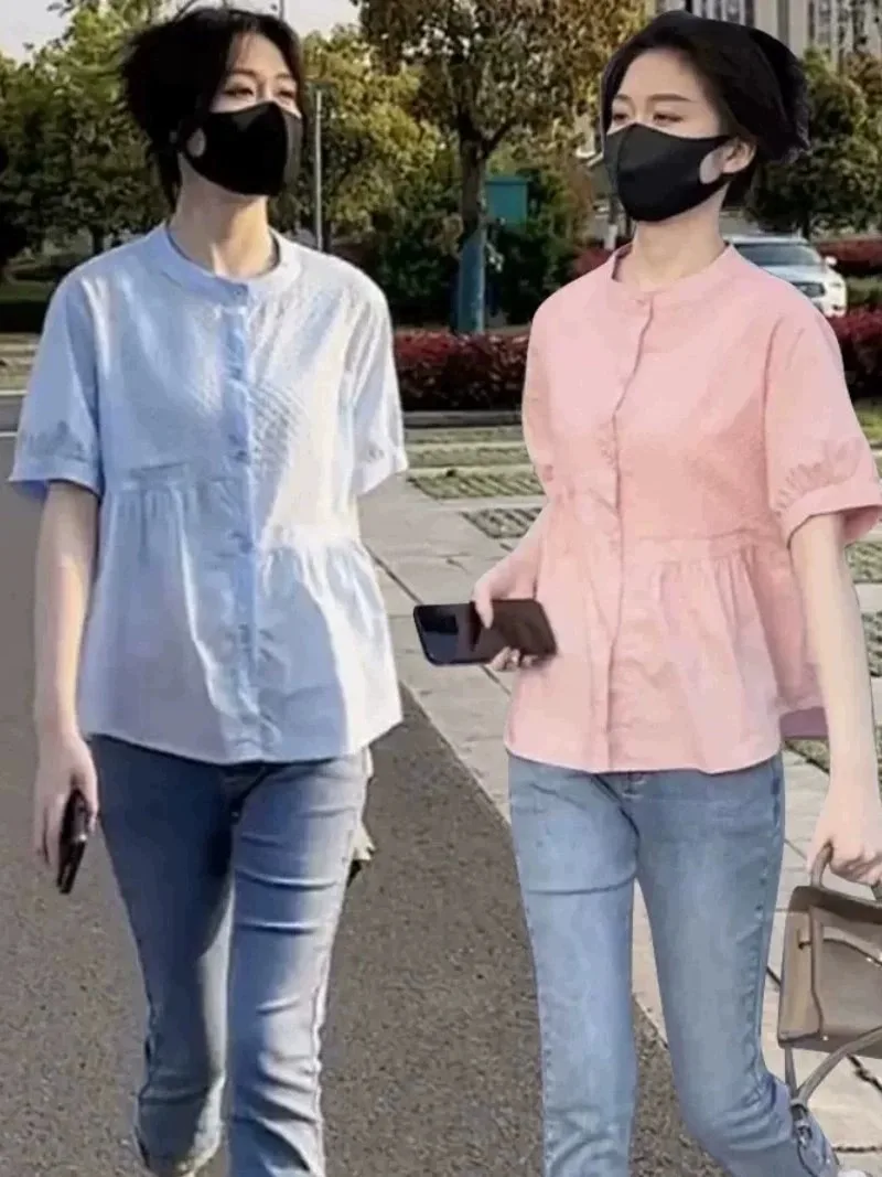 Casual round Neck Short Sleeve Shirt Women's Patchwork Slimming Versatile Top Korean Style Commute Pure Color Summer New Arrival
Casual round Neck Short Sleeve Shirt Women's Patchwork Slimming Versatile Top Korean Style Commute Pure Color Summer New Arrival