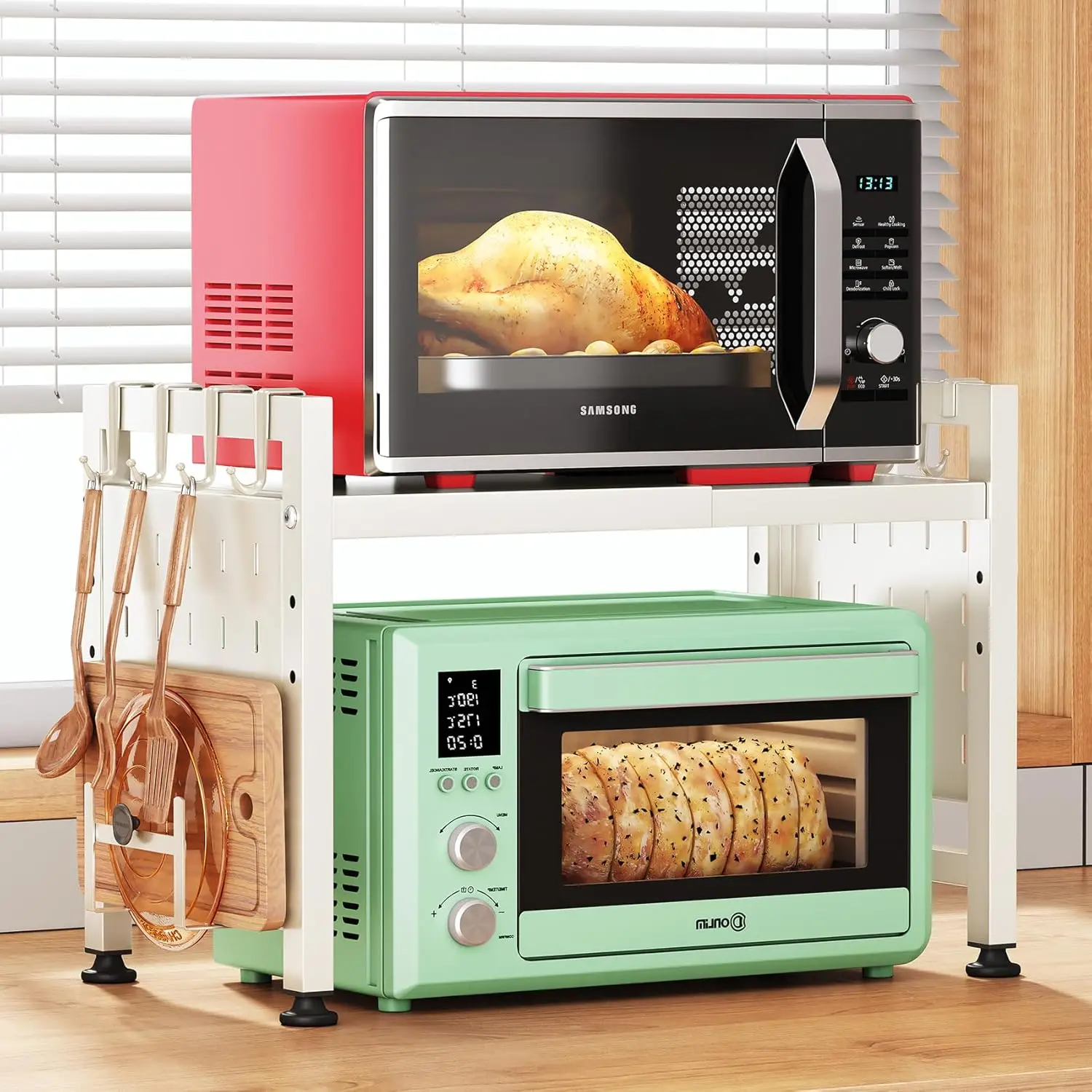 Microwave Stand, 2-Tier Expandable (17.4'-27.4'), Heavy Duty Adjustable Shelf with 9 Hooks, White Kitchen Organizer
Microwave Stand, 2-Tier Expandable (17.4'-27.4'), Heavy Duty Adjustable Shelf with 9 Hooks, White Kitchen Organizer