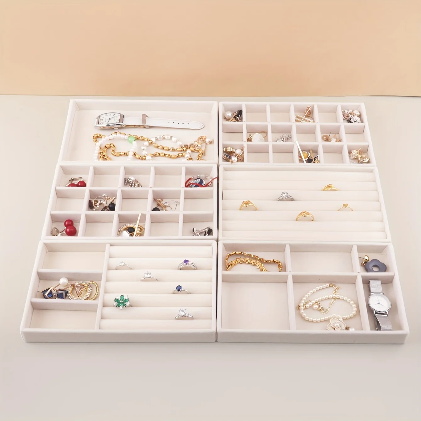 6pcs Set Stackable Jewelry Organizer Trays for Drawers, Rectangle Multi-Sectional Tabletop Storage, Jewelry Drawer Inserts Container Display Case Storage for Earring Necklace Rings Bracelet with Removable Dividers
6pcs Set Stackable Jewelry Organizer Trays for Drawers, Rectangle Multi-Sectional Tabletop Storage, Jewelry Drawer Inserts Container Display Case Storage for Earring Necklace Rings Bracelet with Removable Dividers