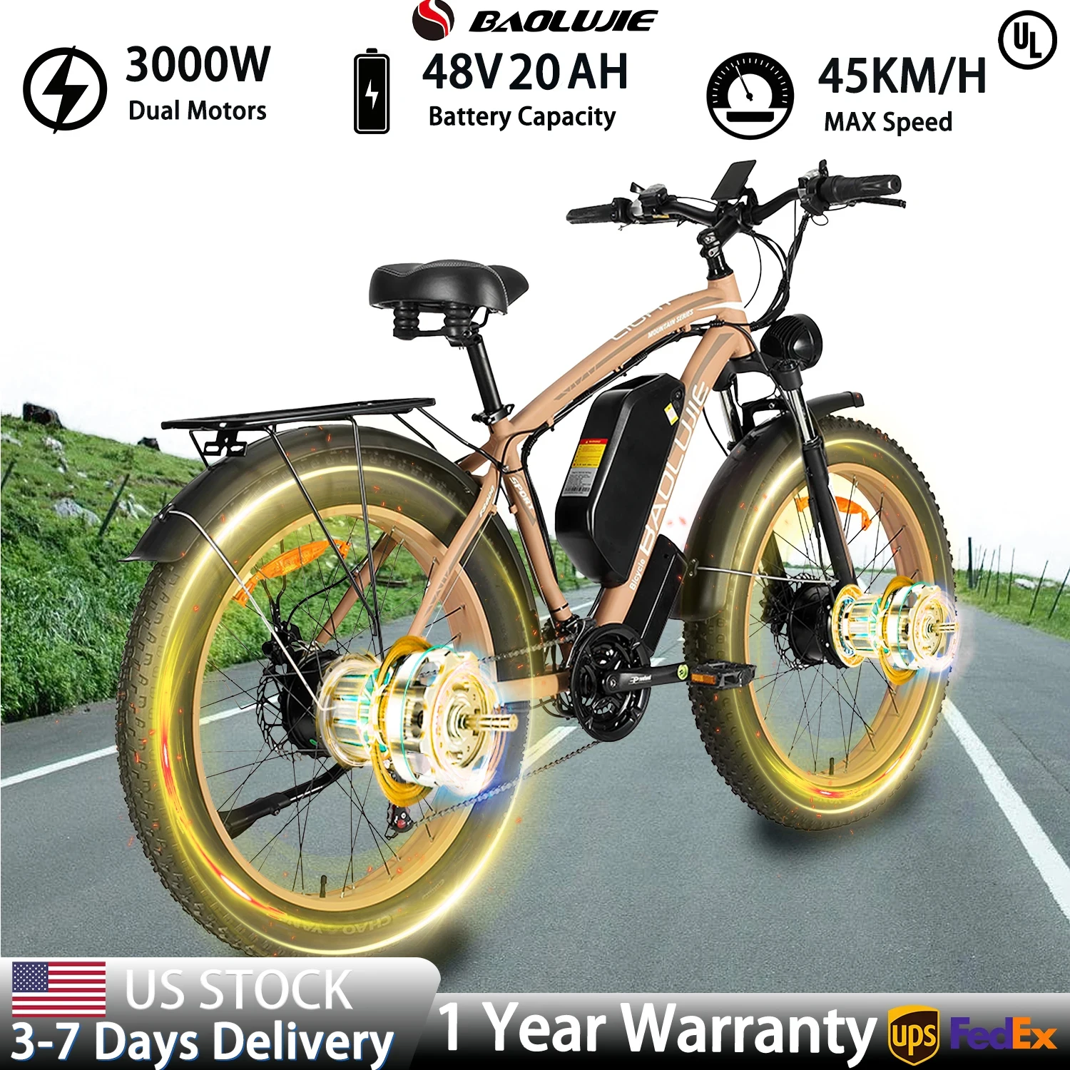 BAOLUJIE 2602 26*4.0 Inches Adult Electric Mountain Bike 3000W Dual Motor E Bike 28MPH Electric Bicycle UL2849【1 Year Warranty】
BAOLUJIE 2602 26*4.0 Inches Adult Electric Mountain Bike 3000W Dual Motor E Bike 28MPH Electric Bicycle UL2849【1 Year Warranty】