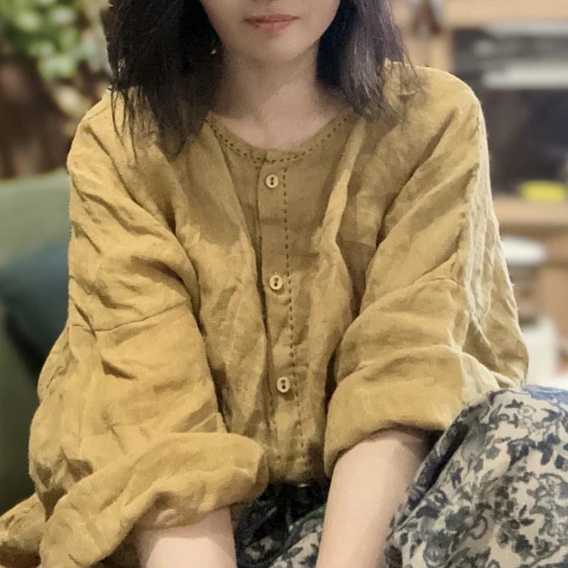 Vintage Single Button Long Sleeves Tops Korean Style Autumn New Fashion Women Ramie Solid Blouse Round Neck Sweet Girls Shirts
Vintage Single Button Long Sleeves Tops Korean Style Autumn New Fashion Women Ramie Solid Blouse Round Neck Sweet Girls Shirts