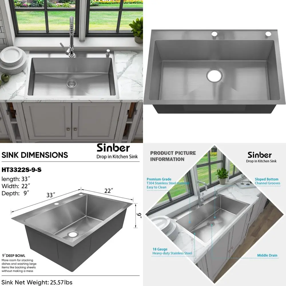 Stainless Steel Drop-In Single Bowl Kitchen Sink - 33 x 22 x 9, 18 Gauge, Satin Finish, Sink Only
Stainless Steel Drop-In Single Bowl Kitchen Sink - 33 x 22 x 9, 18 Gauge, Satin Finish, Sink Only