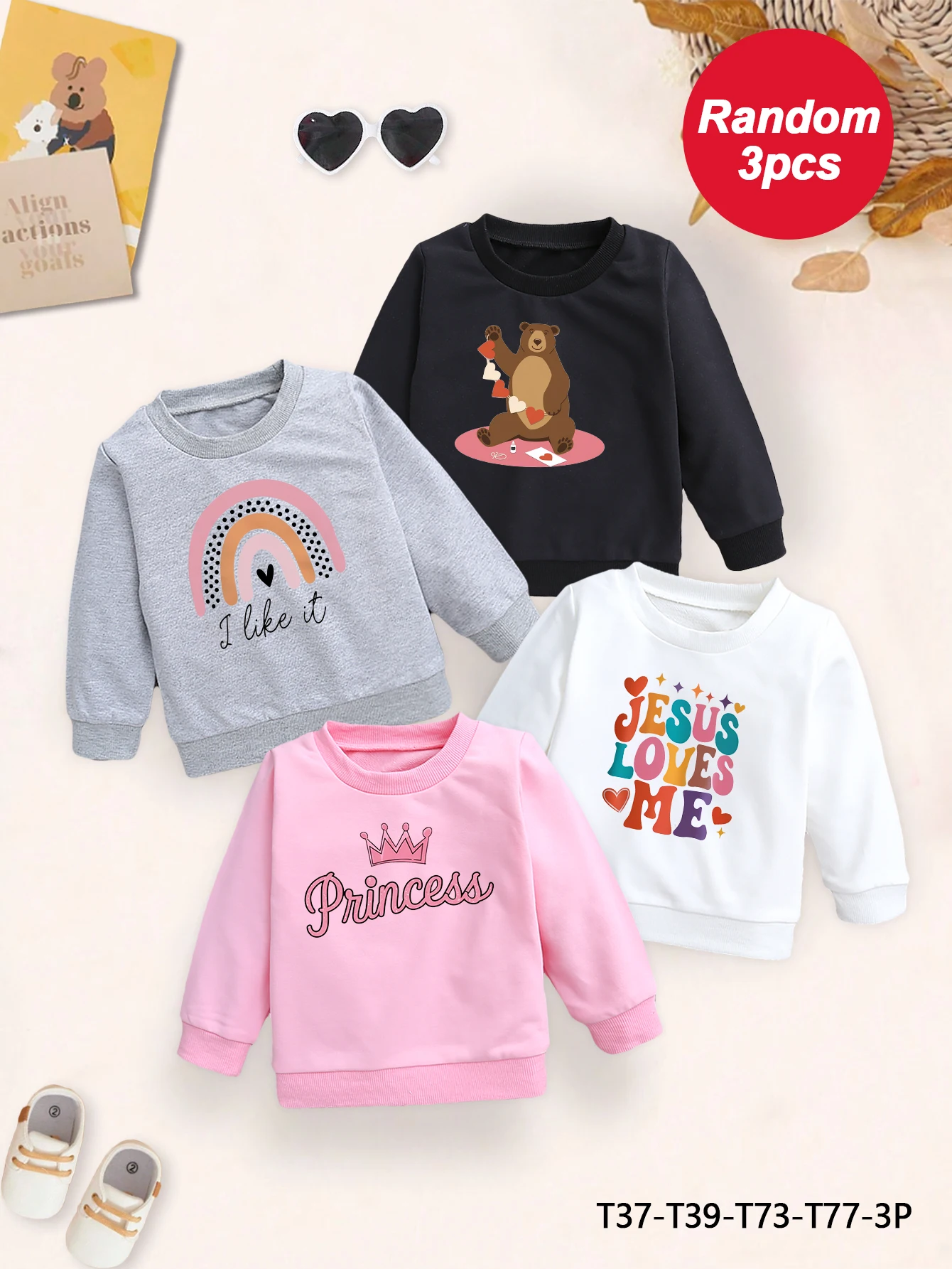 Random 3PCS Autumn and winter casual fashionable sweatshirts for baby girls with cute cartoon prints
Random 3PCS Autumn and winter casual fashionable sweatshirts for baby girls with cute cartoon prints