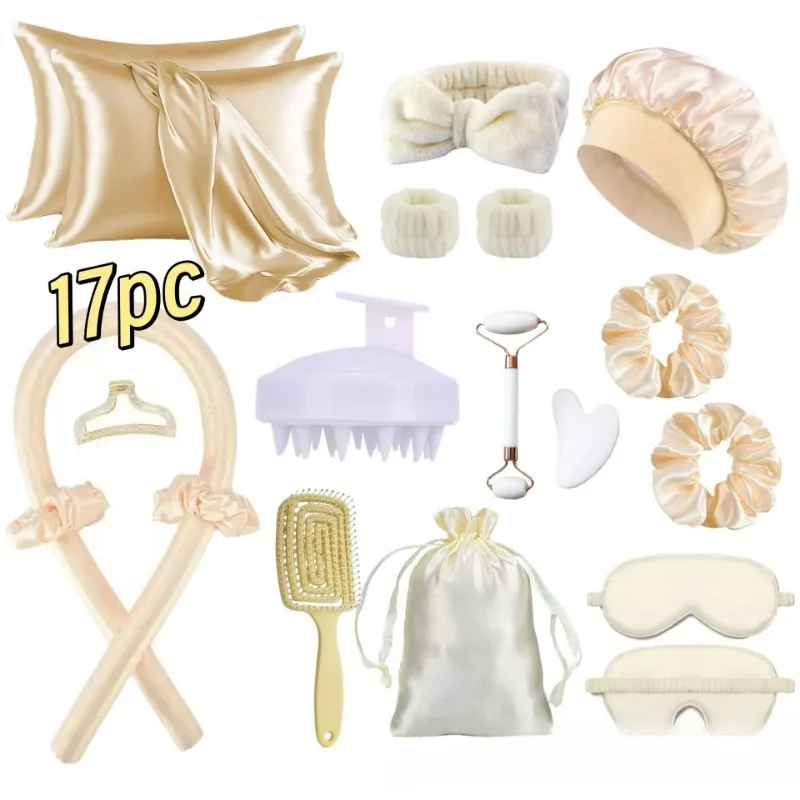 17PCS Styling Kit - Heatless Silk Curler with Sleeping Mask and Shower Cap for Women and Girls Beauty Kit for Travel and Home
17PCS Styling Kit - Heatless Silk Curler with Sleeping Mask and Shower Cap for Women and Girls Beauty Kit for Travel and Home