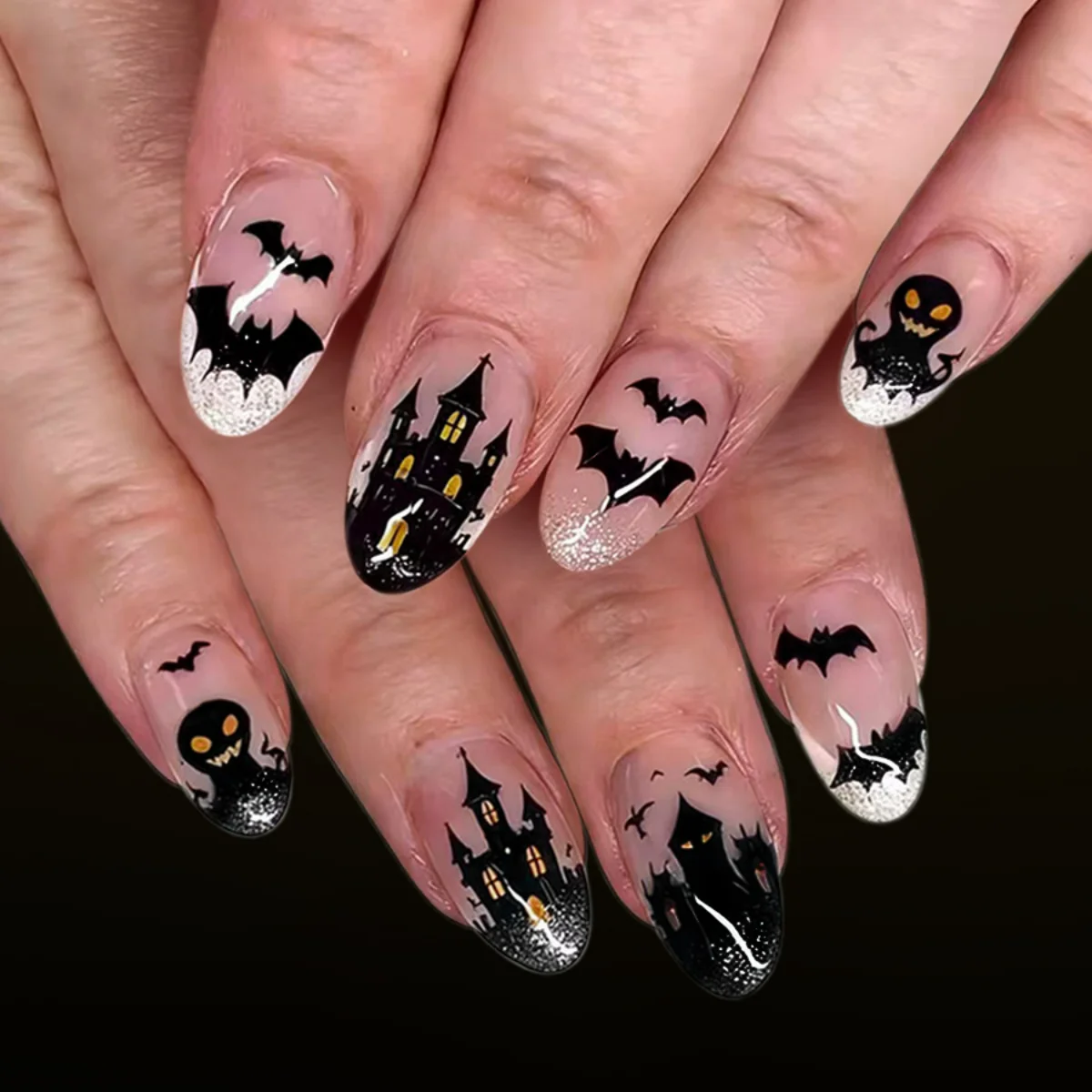 24Pcs short glossy oval dark white French relief bat castle demon fake nails, anniversary gift, perfect gift for ladies, birthday gift, holiday gift
24Pcs short glossy oval dark white French relief bat castle demon fake nails, anniversary gift, perfect gift for ladies, birthday gift, holiday gift