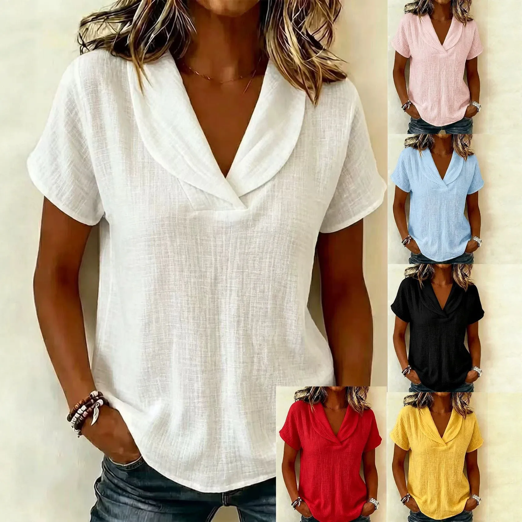 Women Blouse Short Sleeve V Neck Knit Blouses Casual Solid Color Lightweight Fabric Top Cowl Neck Loose Fit Geometric Print Tops
Women Blouse Short Sleeve V Neck Knit Blouses Casual Solid Color Lightweight Fabric Top Cowl Neck Loose Fit Geometric Print Tops