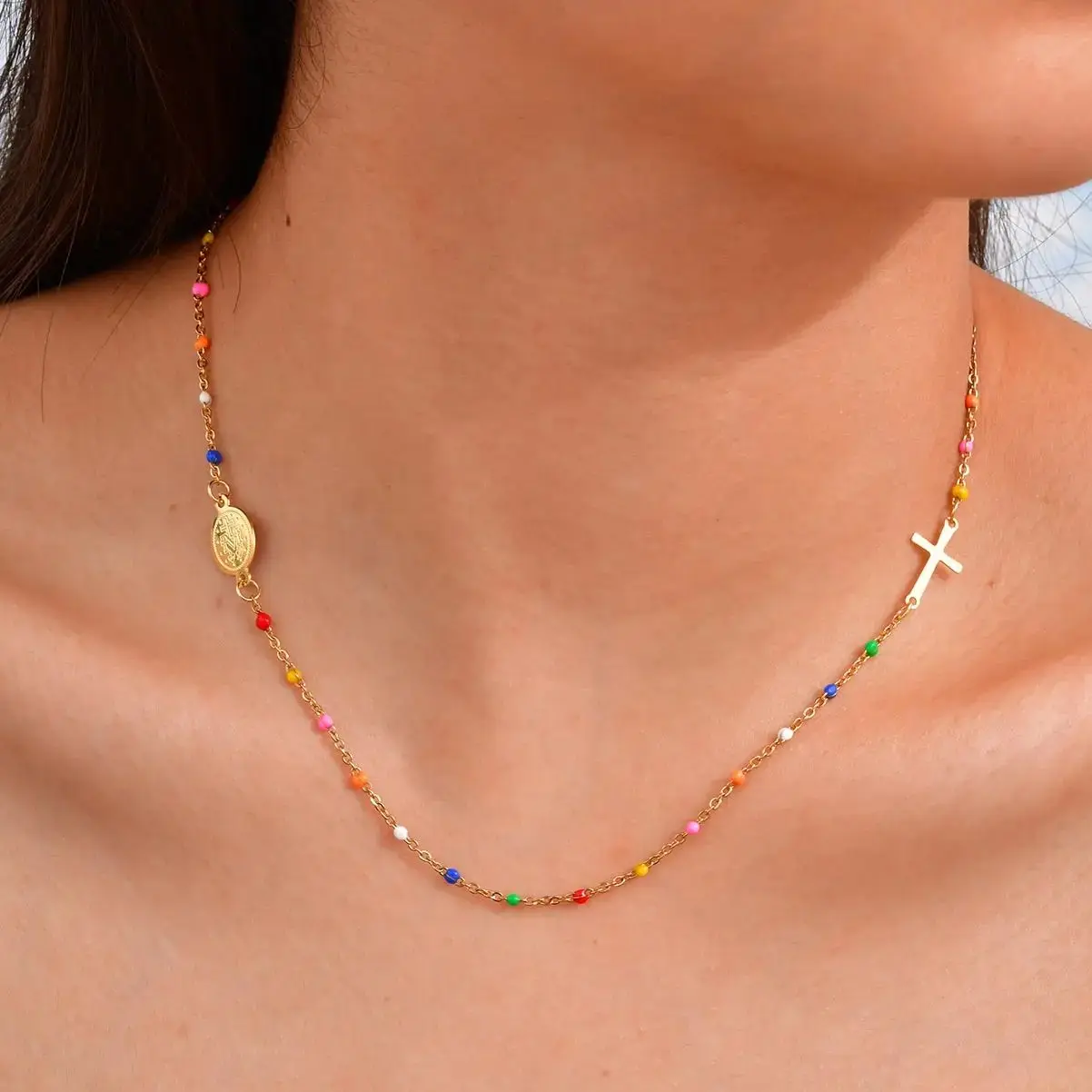 Bohemian Colored Bead Chains Virgin Cross Necklace for Women,Stainless Steel St. Benedict Cross Necklaces,Holy Christian Jewelry 
Bohemian Colored Bead Chains Virgin Cross Necklace for Women,Stainless Steel St. Benedict Cross Necklaces,Holy Christian Jewelry